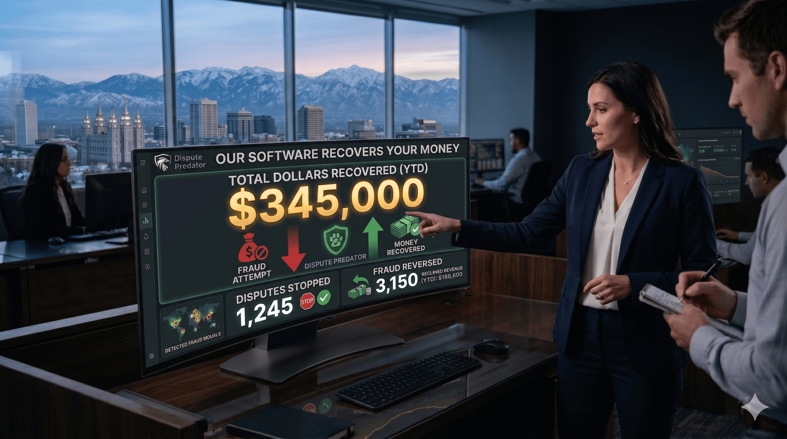 Operators reviewing the Dispute Predator dashboard — recovered totals, fraud attempts blocked, and disputes stopped — on a wall display in a downtown Salt Lake City office.